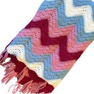 Handmade Granny Crocheted blue‎ pink Blanket boho cottagecore 70s afghan chevron